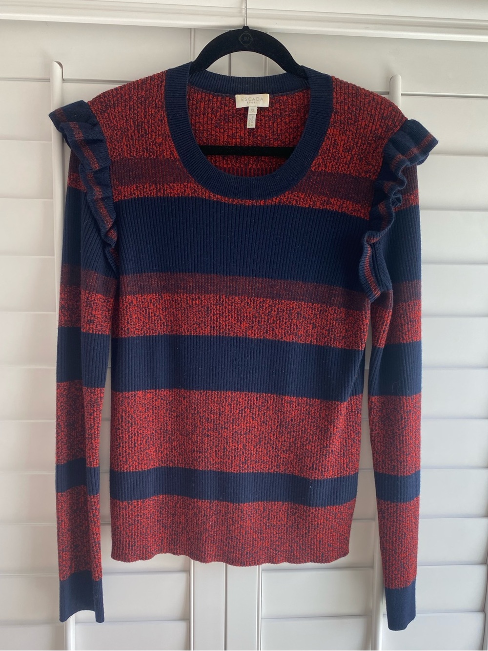 Escada Sport XL 100% Virgin Wool Red Navy Striped Ruffle Shoulder Knit Sweater